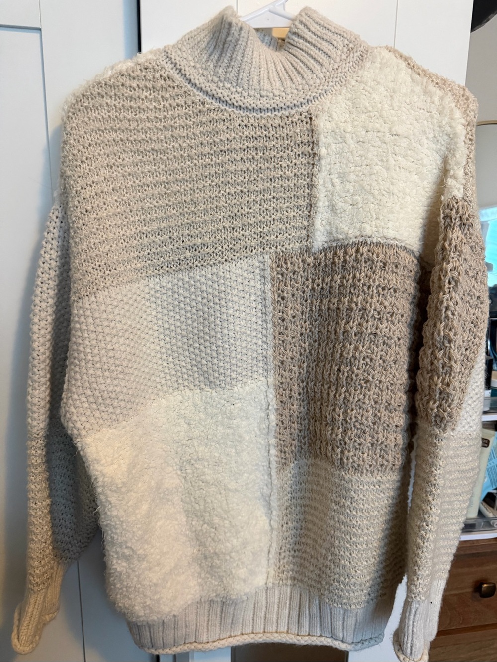 Mango Patchwork Cowl Neck Sweater in Cream and Beige